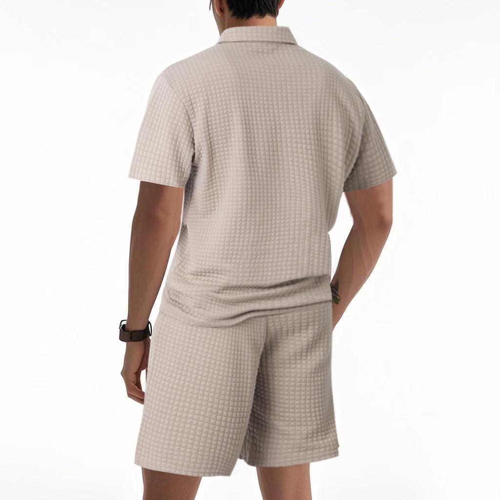 Summer Men’s Short-Sleeved Set: Jacquard Small Check Loose-Fit Casual Polo Shirt Set for Men