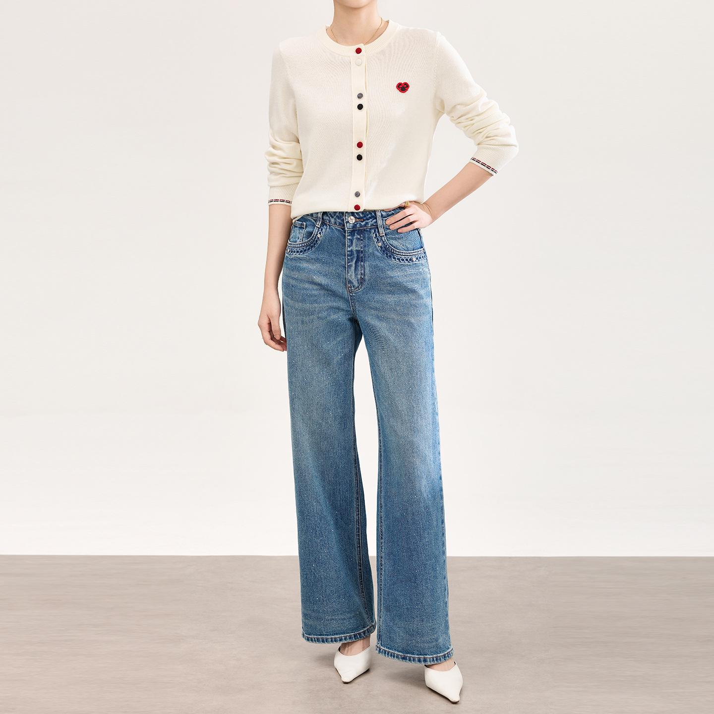 

Women s Spring Style Wide-Leg Rhinestone Jeans - Washed White 26 синій
