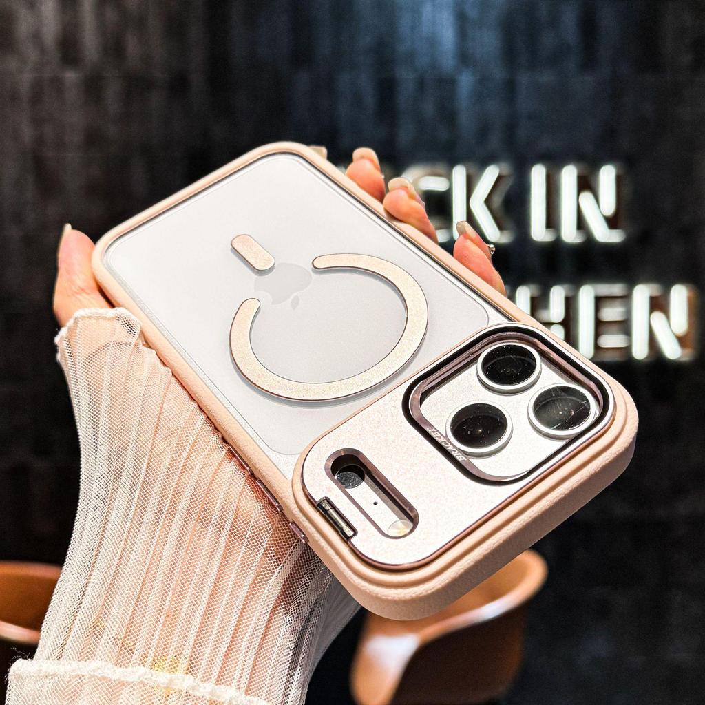 Compatible with Apple 17 Promax: Leather Texture Magnetic Case, iPhone 16 PM Lens Stand, and iPhone 15 Frosted Protective Cover.