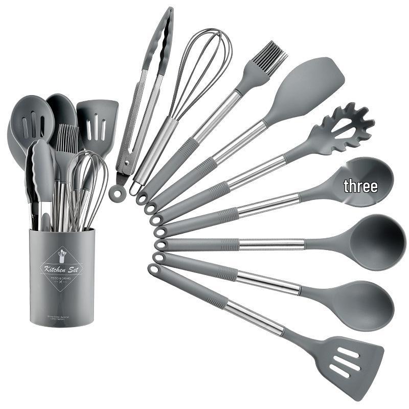 13-Piece Stainless Steel Handle Silicone Kitchen Tools Set - Non-stick Frying Pan, Spatula, Spoon, and More