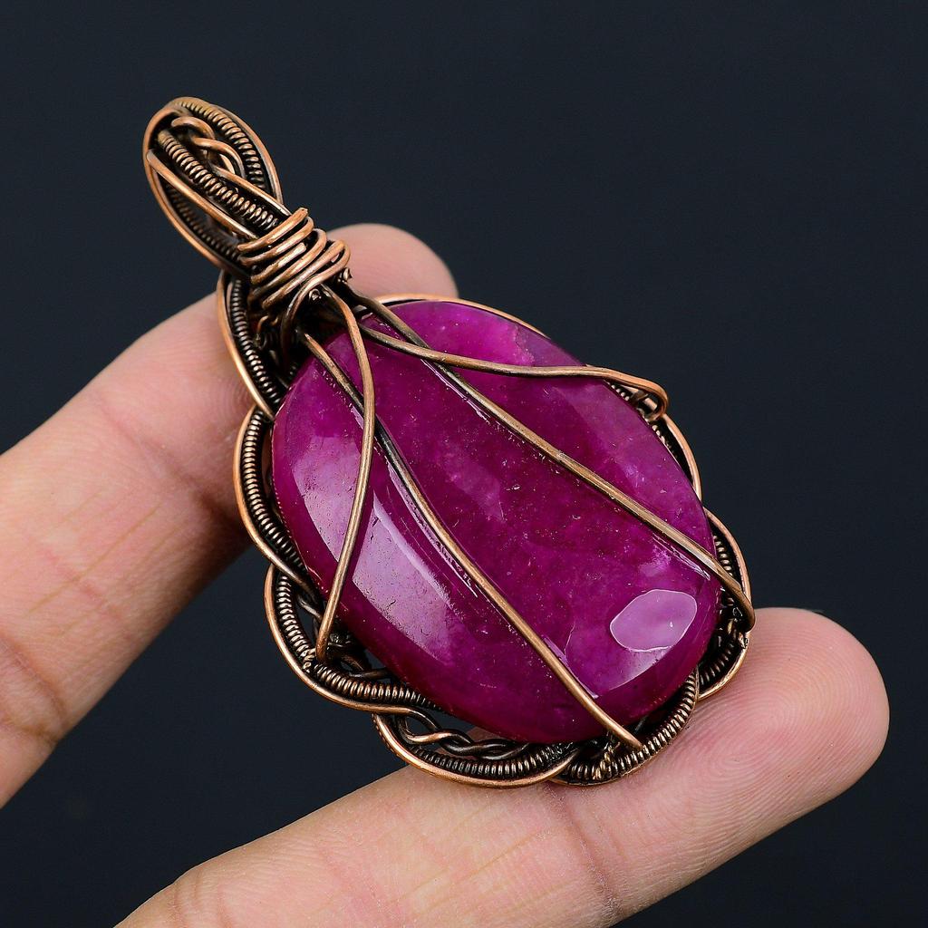 Lab-Created Ruby Gemstone Copper Wire Wrap Handmade Pendant Jewelry Gift For Love