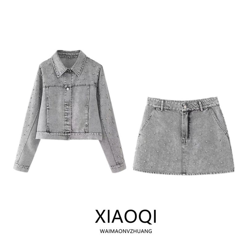 Fashion Style 2024 Spring Women's Pearl Denim Jacket Loose Lapels Distressed Outwear High Waist Skirt 5862065