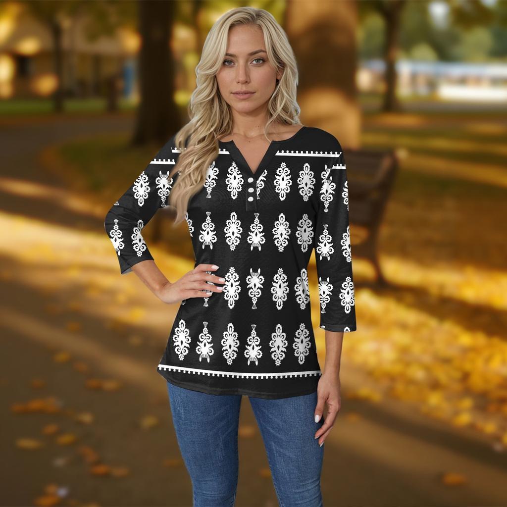 Damen-T-Shirt, T-Shirt, bedruckt, Knopfleiste, 3/4-Ärmel, tägliches Wochenende, modisch, Basic, V-Ausschnitt, normales Oberteil