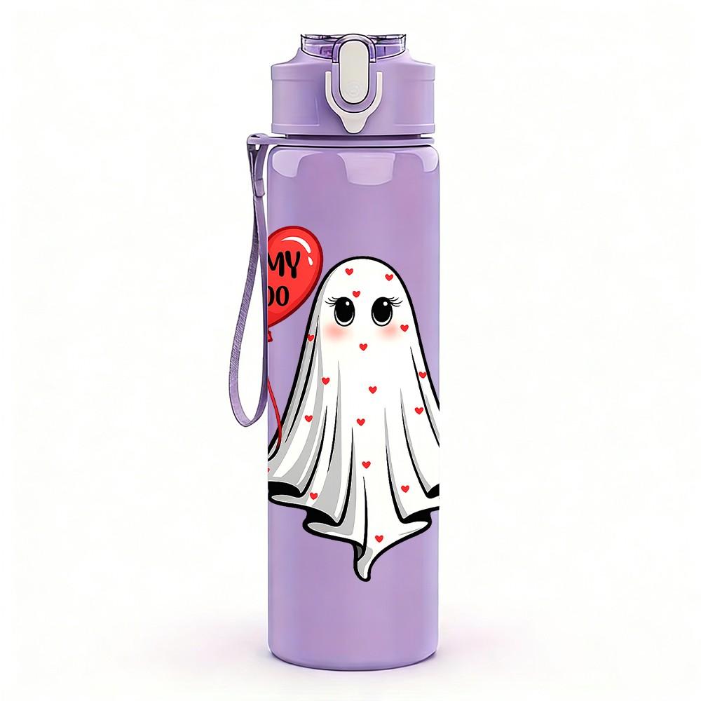 1PC Single Ghost With Red Heart Print 750ml Color Plastic Sports Water Bottle Leakproof Flip Straw Lid Suitable for Sports Office Home Use
