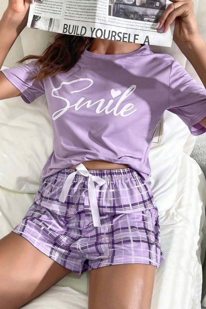 Bella Notte Women’s Sporty Lilac Plaid Shorts Pajama Set - Comfortable and Stylish Sleepwear
