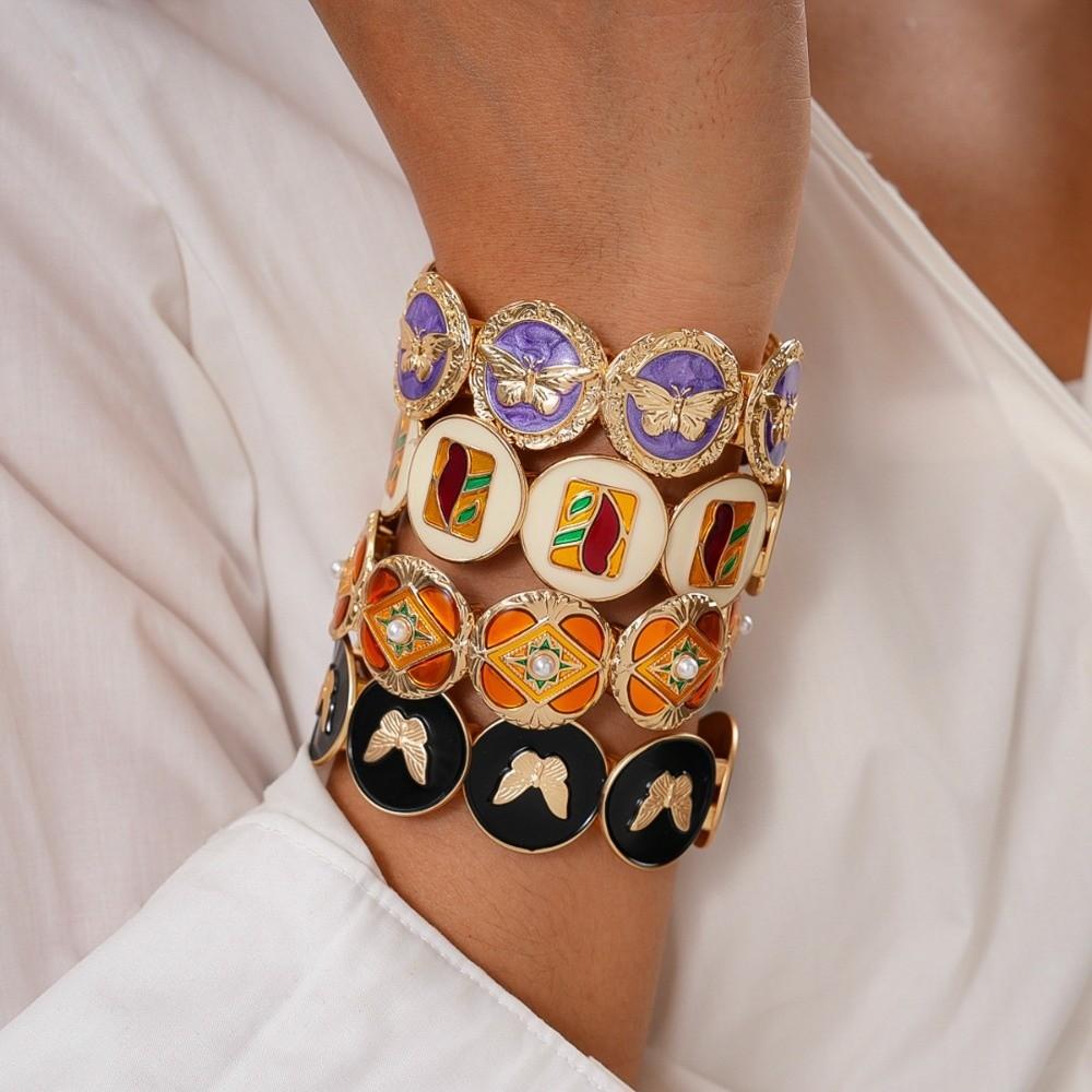 Luxury Jewelry Retro Drip Oil Bracelet Elastic Rope Geometry Hand Ring Wide Metal Bangles Party