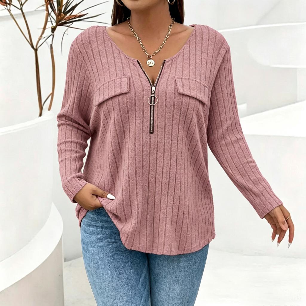 Women's Casual Ribbed Knit Long Sleeve Top with Pockets and Zip Front for Everyday Wear