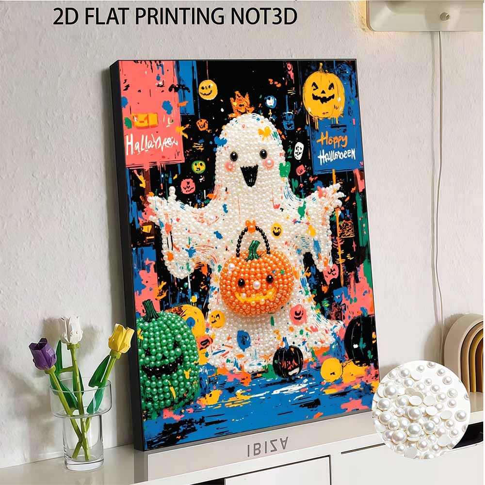 DIY 3D Pearl Painting Canvas Cute Ghost and Pumpkin Pattern Relaxing Leisure Craft Kit for Adults Home Decoration Art Supplies