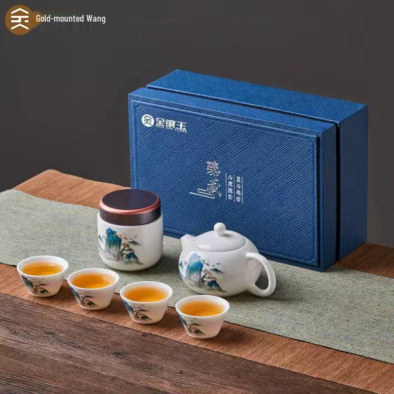 Gold-Inlaid Jade Mountain River Porcelain Tea Set