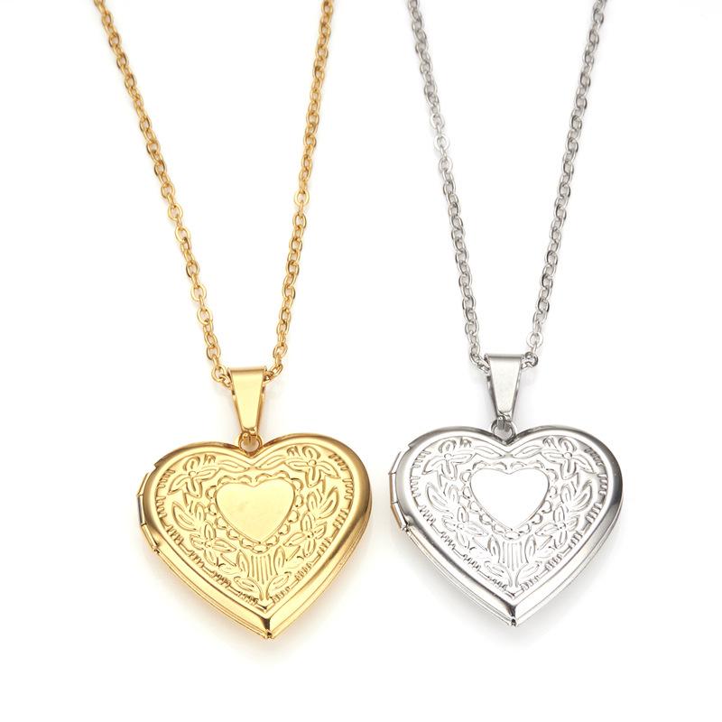 Stainless Steel Silver & Gold Women's Heart Photo Frame Locket Necklace