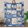 1pc Vintage Nautical Seashell Quilt Blanket - Coastal Beach Theme with Starfish & Shell Designs, Blue & White Flannel All-Season