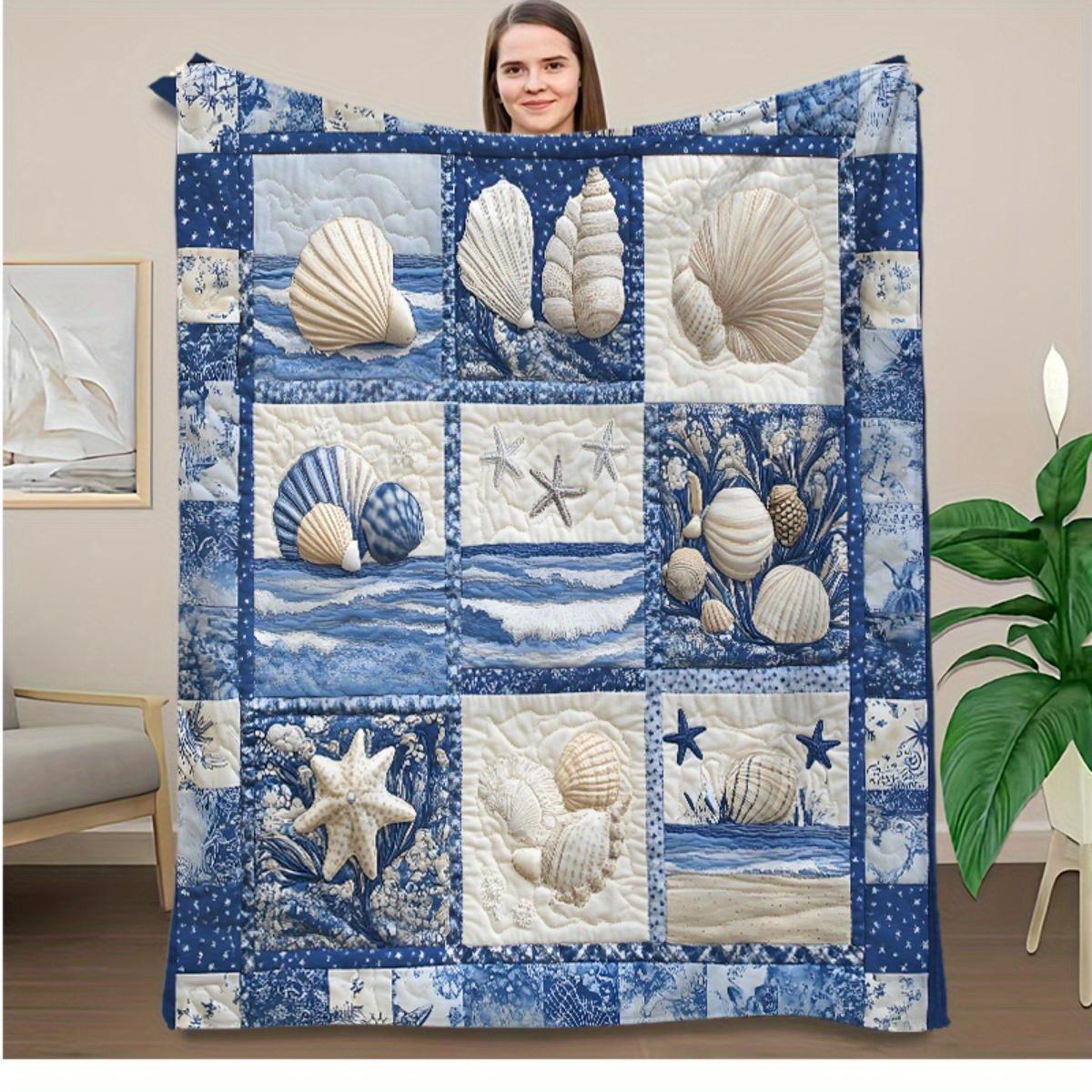 1 Stück Vintage Nautische Muschel Steppdecke - Küsten Strand Thema mit Seestern & Muschel Designs, Blau & Weiß Flanell Ganzjahres Size: 75*100cm, Weight: 230 GSM gray