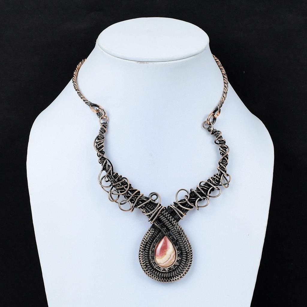 Rhodochrosite Necklace Copper Wire Wrapped Adjustable Necklace Copper Jewelry Handmade Necklace Rhodochrosite Gemstone Jewelry Gift For Mom