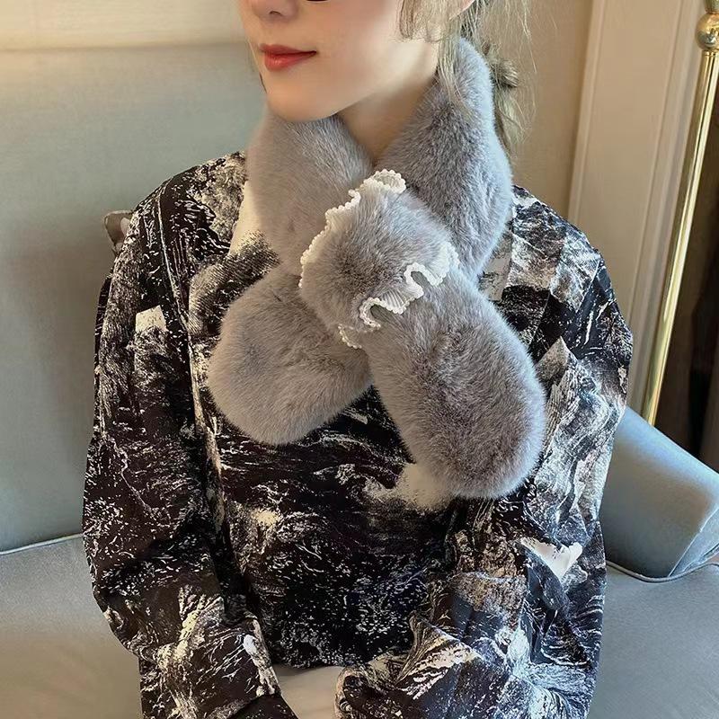 Scarf Women'S Winter Thickened Warm Plush Rex Rabbit Hair Cross Korean Version Versatile Scarf Fashion Pearl Small Scarf