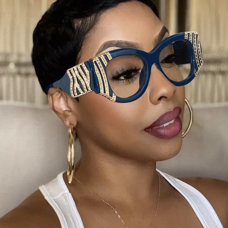 Vintage Anti Blue Light Cat Eye Glasses Ladies For Female Luxury Designer Myopia Prescription Optical Metal Chain Big Frame