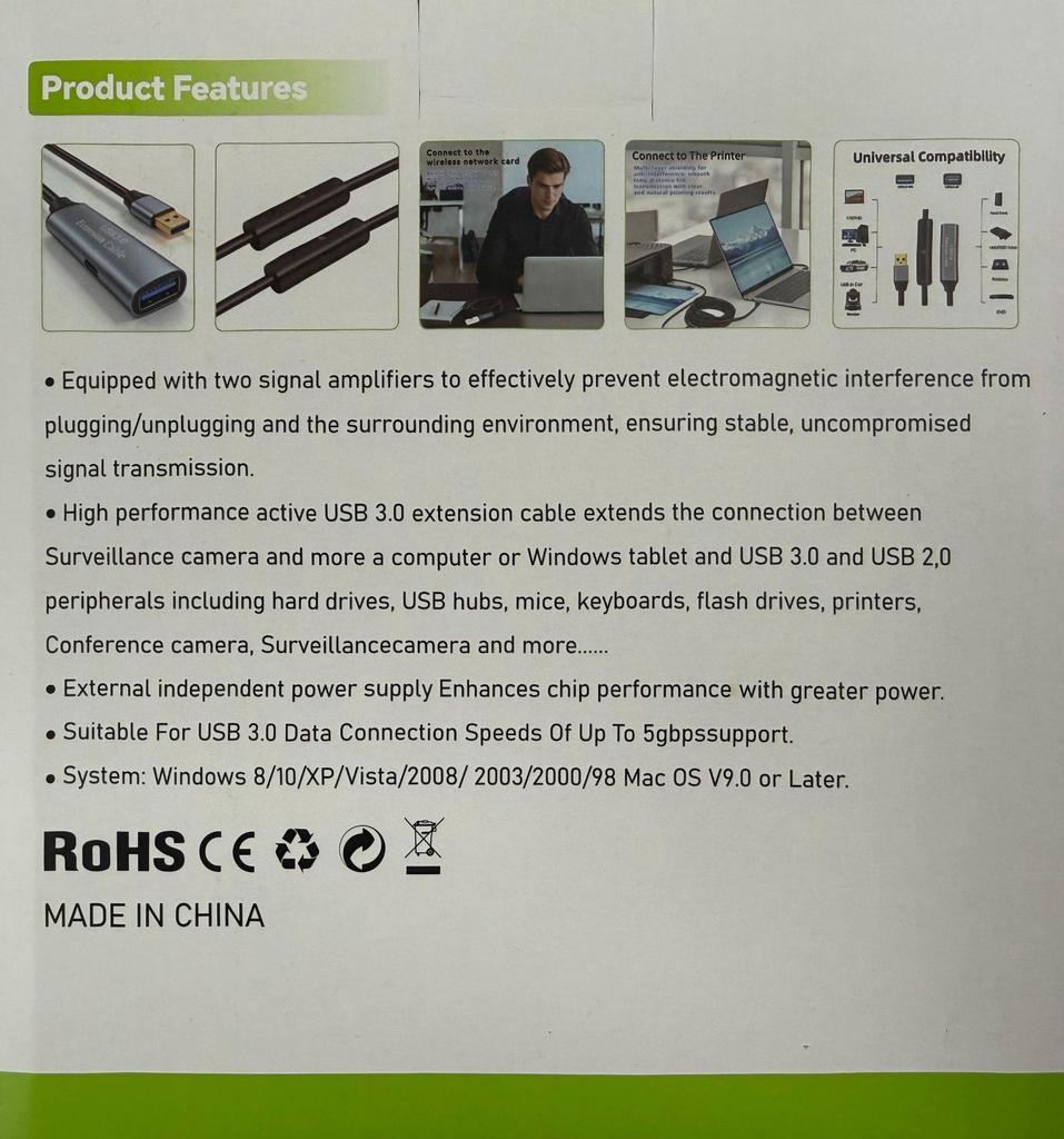 USB 3.0 Amplified Extension Cable for Printer, Scanner, and Laptop