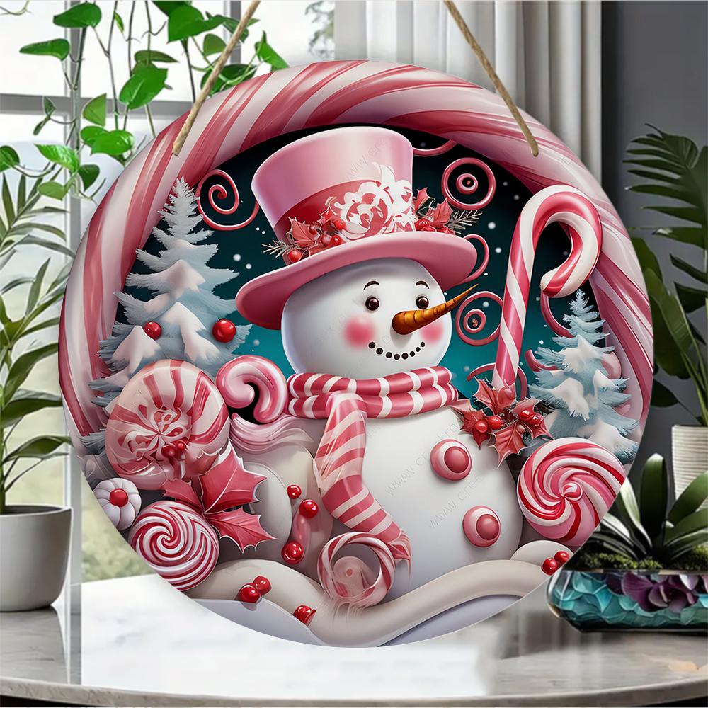 Pink snowman candy cane theme round wooden hanging plaque festive wall decor front door sign farmhouse Christmas home holiday ornament