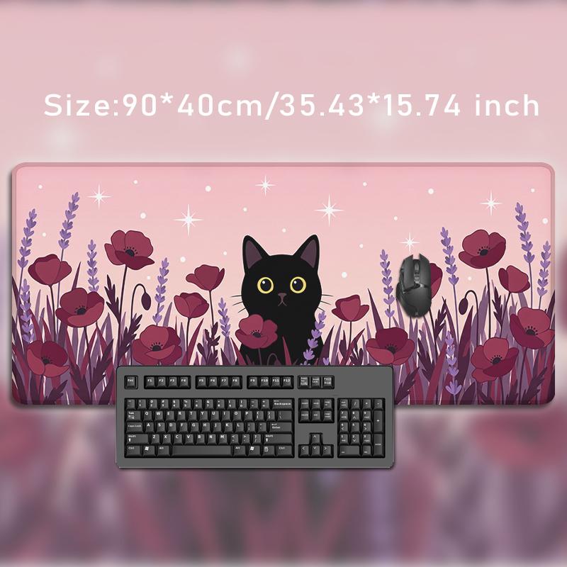 Mouse Pad Black Cat Pink Flower Field Gamer printon demand Large HD Mousepad XXL MousePads Carpet Non-Slip Office PC Table Mat