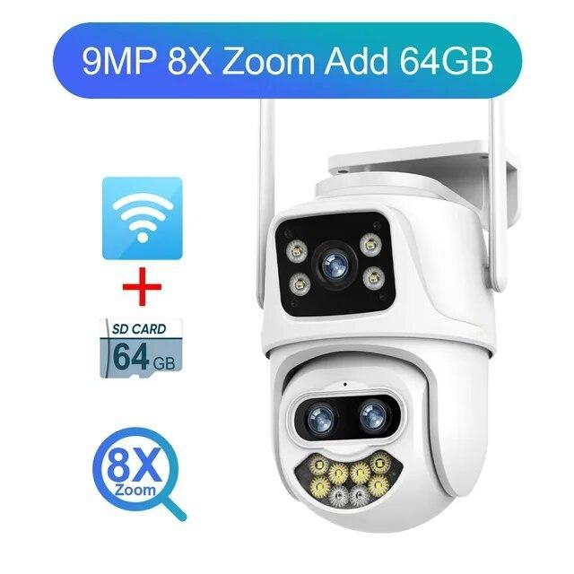 2024 New 9MP 4K Three Lens WiFi IP Camera Outdoor 8X Zoom Dual Screens PTZ Cameras Ai Auto Tracking CCTV Security Cam iCSee App