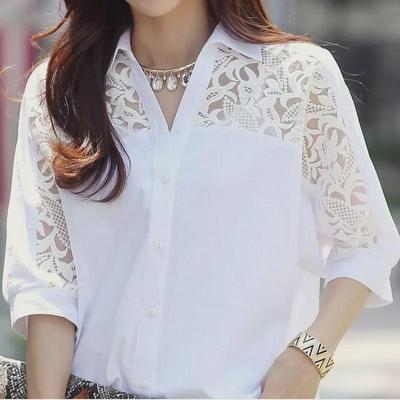 2025 Spring/Summer Women's Chiffon Hollow-Out Loose White Top with 5-Point Sleeves