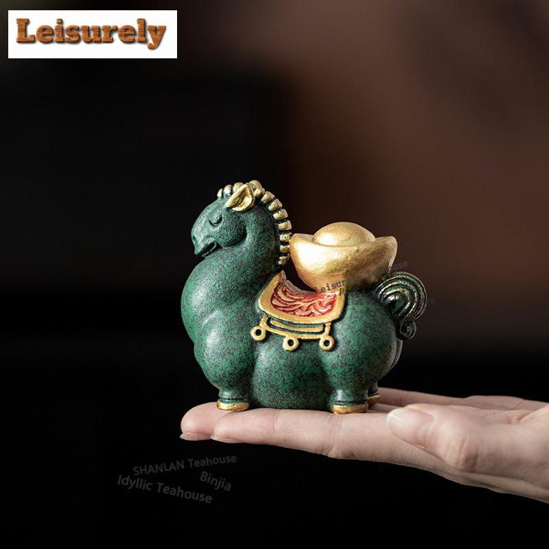 Green Sand Stone Wealth Ingot Horse Tea Pet Traditional Tea Games Tea Figurine Play Toys Tea Statue Ornaments Teaware Craft Gift