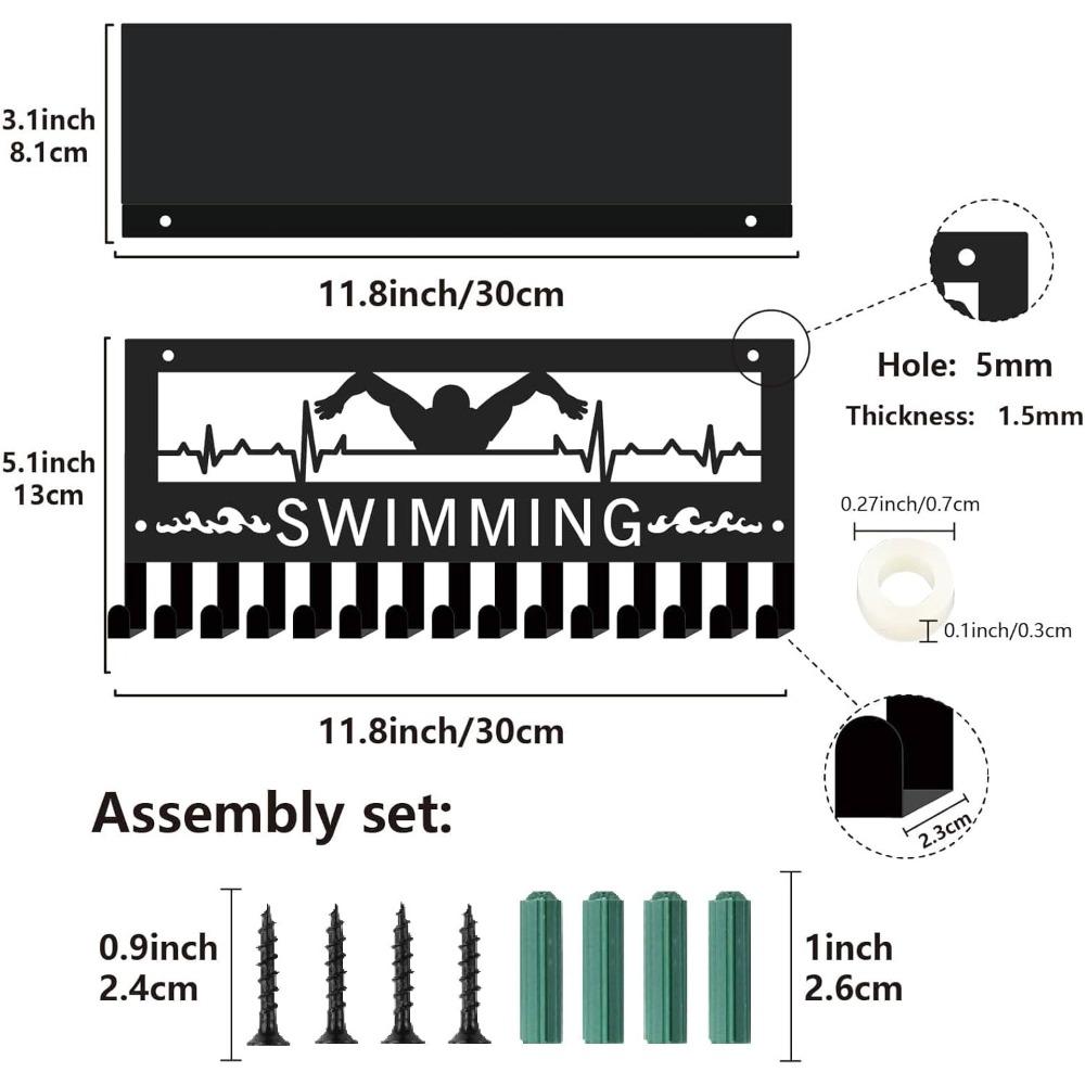 Swimming Medal Hanger Display with Shelf, Trophy Medal Holder Rack Iron Wall Mount Decor Metal Organizer for Hanging Medals Swimmer 11.8 X 5.1 Inch