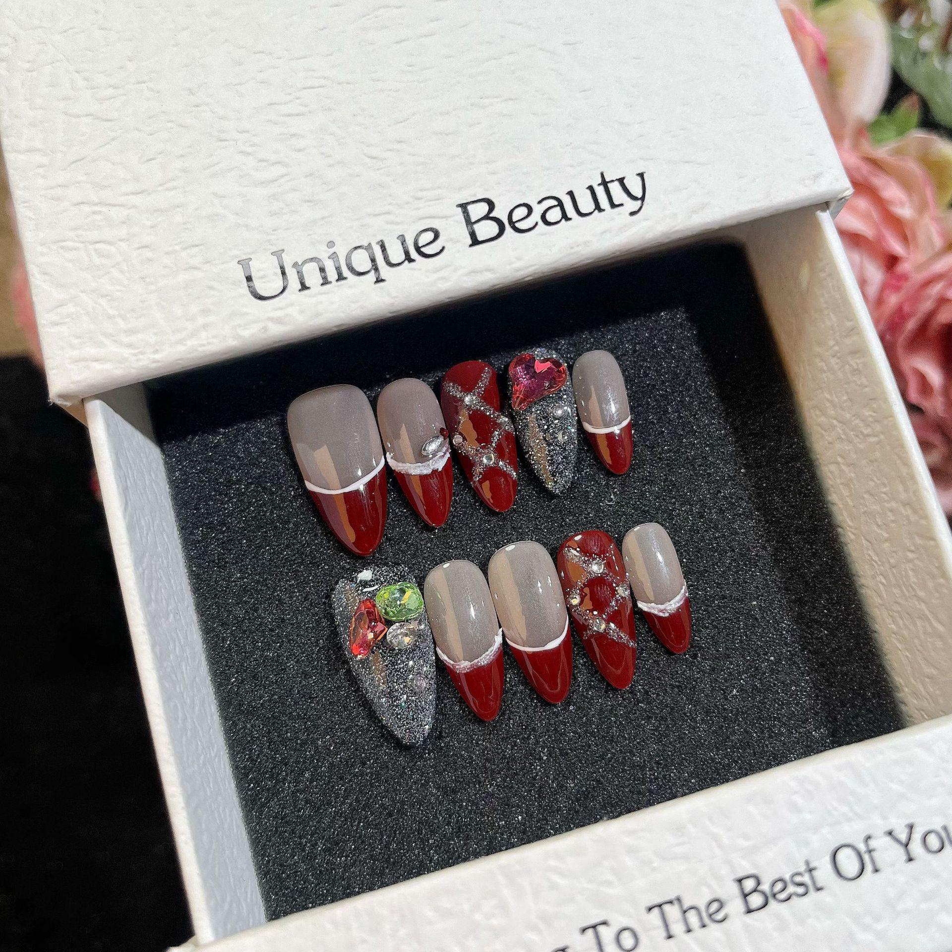 

Burgundy Cat Eye Heart French Tip Press-on Nails with Broken Diamond Accents - Autumn/Winter Style Small