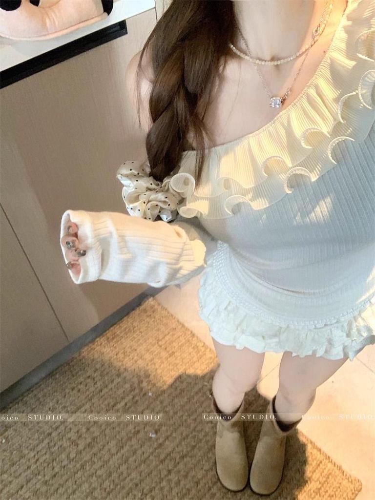 2025 Pure Desire One-Shoulder Patchwork Long-Sleeve Slim-Fit Women's Top - Autumn/Winter Style