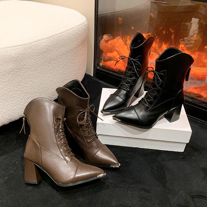 Autumn Winter Women Boots Fashion Square High Heel Shoes Elegant Lace Up White Ankle Boots Black Party Office Shoes Woman 34-43