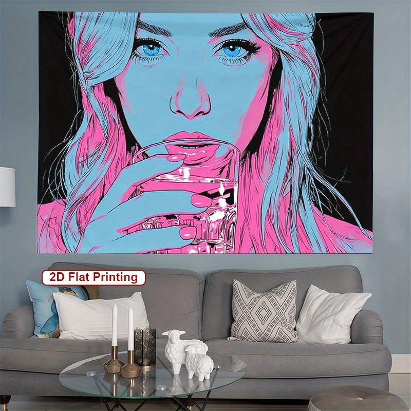 Pop Art Woman Portrait Tapestry Turquoise and Pink Abstract Design Modern Art Wall Hanging for Bedroom or Dorm Decor
