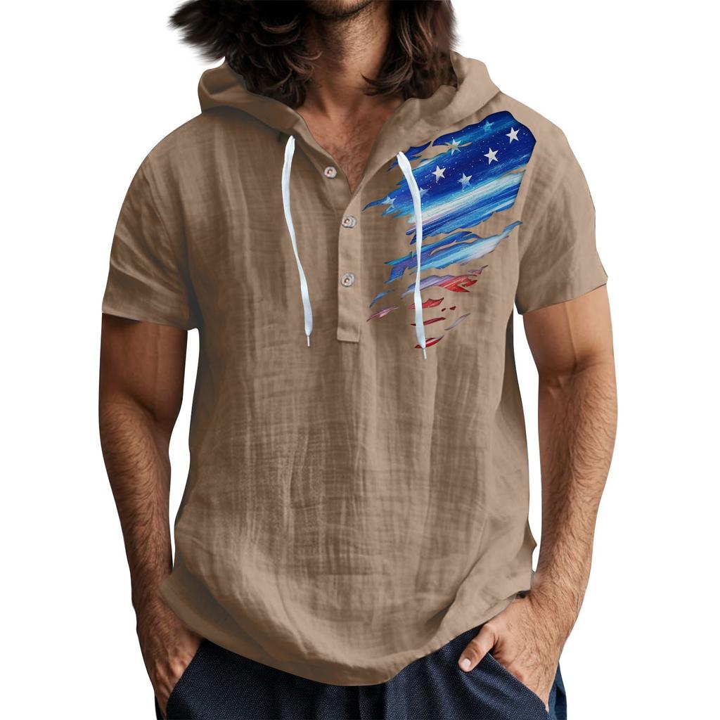 Men'S Casual Short Sleeved Hooded Top Buttoned Open Neck T-Shirt