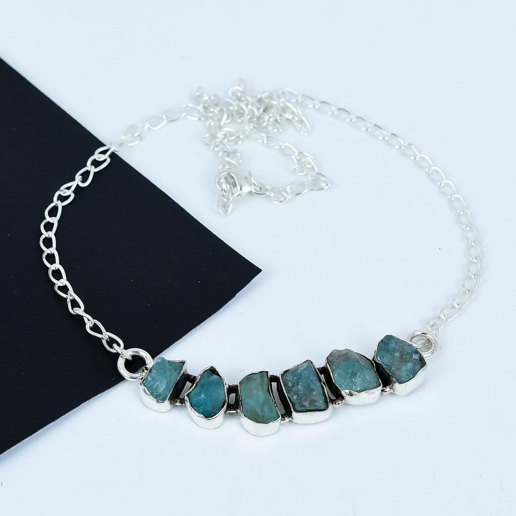 Natural Raw Apatite Gemstone Necklace In 925 Sterling Silver Handmade Gemstone Jewelry Perfect Gift for Her Boho Statement Necklace For Gift