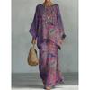 16 European and American artistic sense abstract graffiti cotton and linen set, round neck bat sleeve top + wide leg pants loose two-piece set