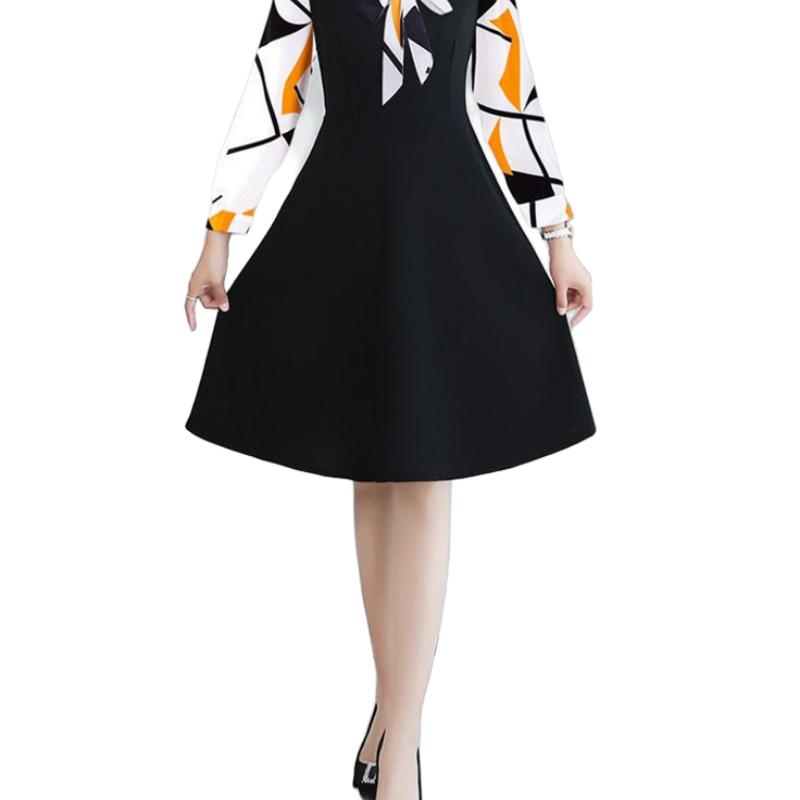 Women's Korean-Style Bow-Knot Printed A-Line Dress Casual Patchwork Long-Sleeve One-Piece Dress