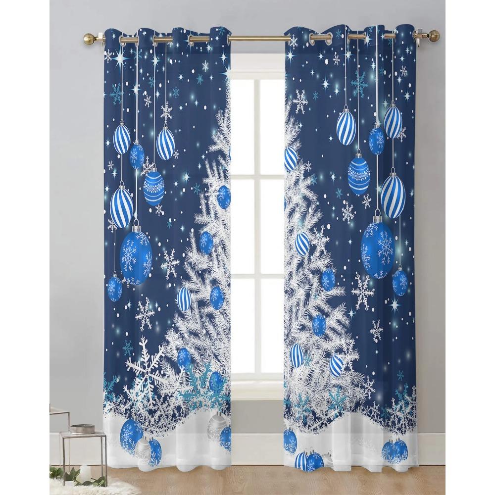 Blue Christmas Tree Christmas Ball Snowflake Sheer Curtains Home Living Room Bedroom Kitchen Window Decor Voile Tulle Curtains