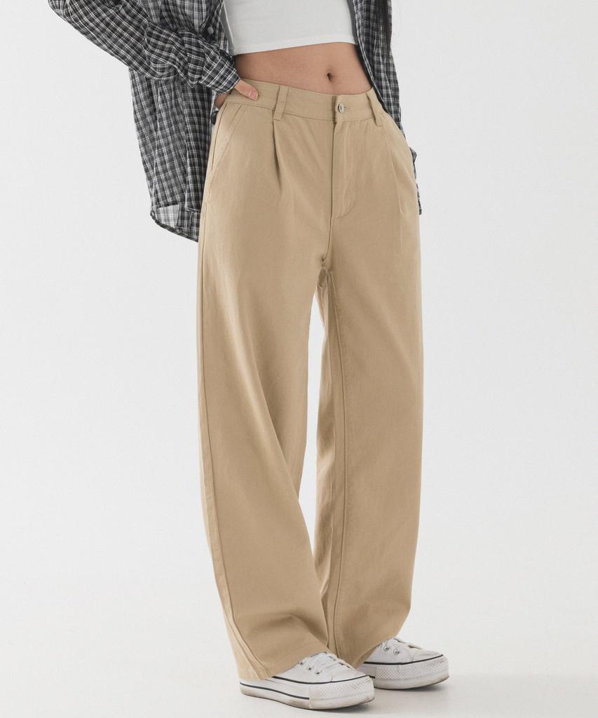 PIANER Semi-Wide Single-Pleat Cotton Pants (Beige)