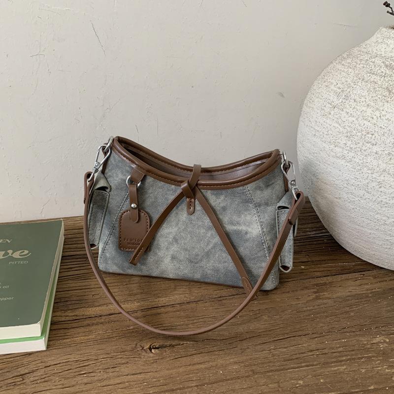 Contrasting Color Hand Bag Women's 2025 New High-end Retro Shoulder Bag To Work Commuter Messenger Bag Bucket Bag