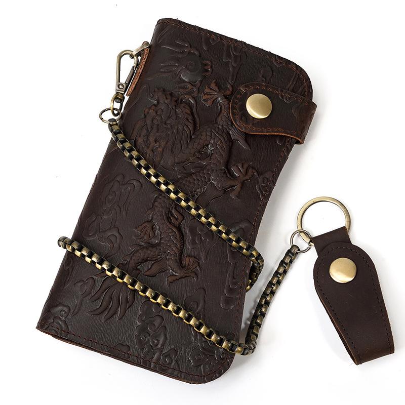 Men'S Leather Wallet Crazy Horse Leather Iron Chain Anti-Theft Long Wallet Multi-Card Wallet Mobile Phone Change Bag