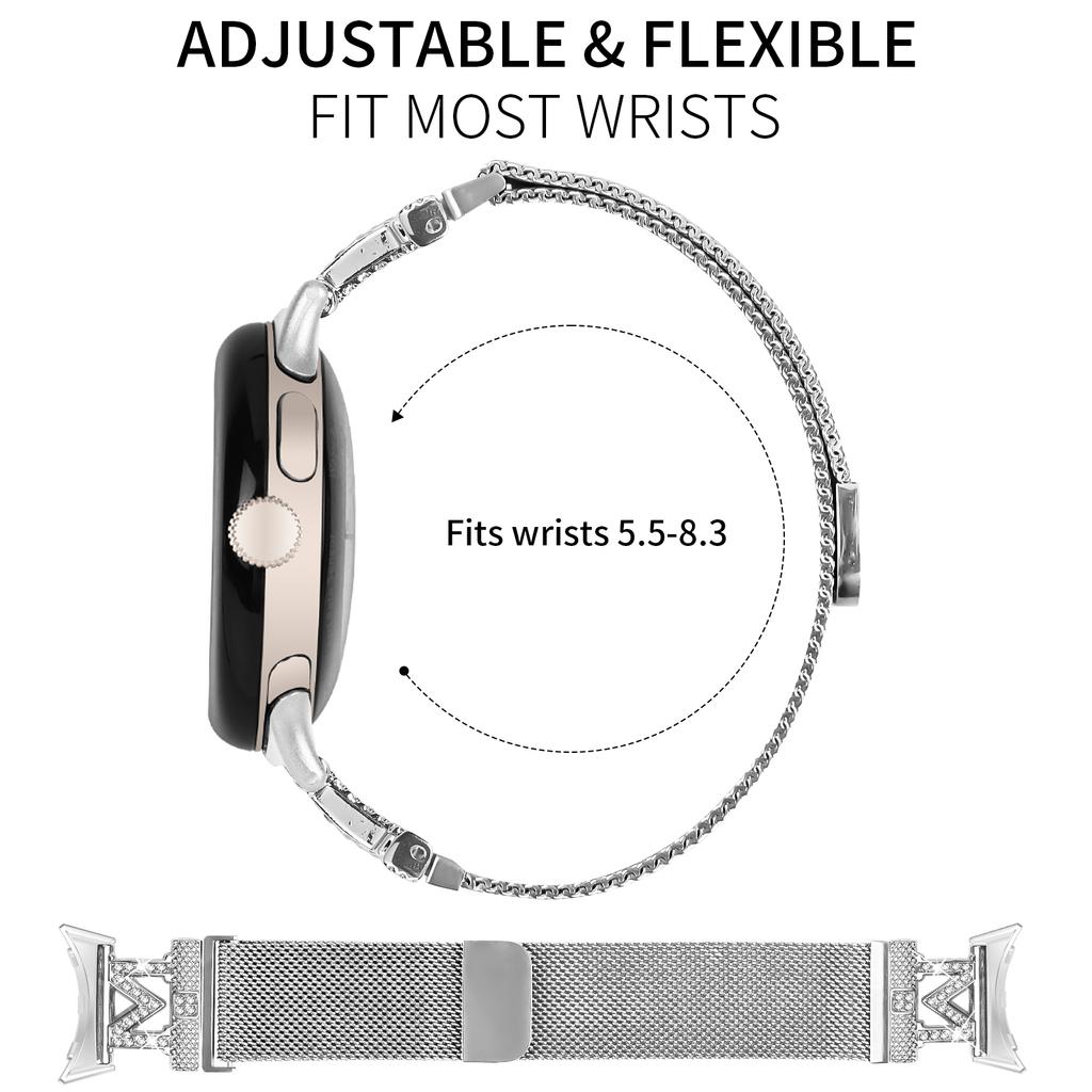 For Google Pixel Watch 2/Watch Bands Stainless Steel M-Type Milanese Watch Band Silver Wrist Strap
