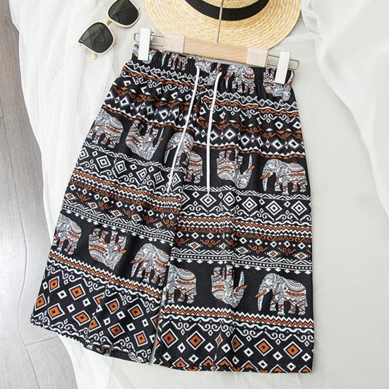 Women Summer Shorts Thiland Elephant Print Drawstring Elastic Waist Loose Soft Breathable Vacation Beach Travel Knee Length Shorts
