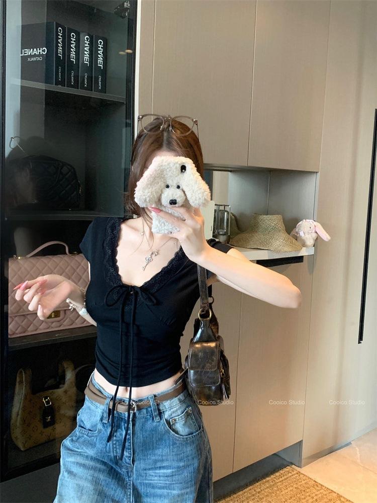 Korean Style Lace Patchwork V-neck Short Sleeve T-Shirt for Women's Summer Slimming Pure Desire Style Tied Versatile Short Top