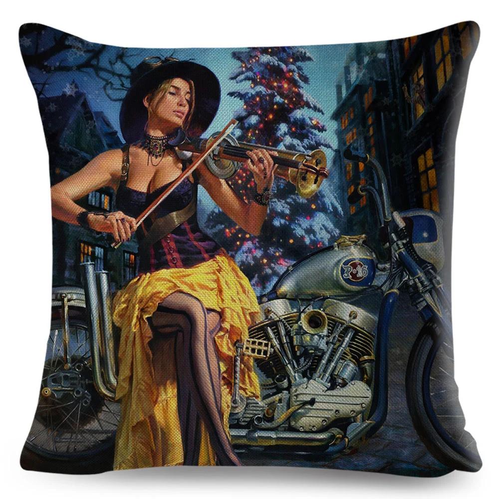 Vintage Sexy Motorrad Lady Kissenbezug Dekor Ölgemälde Cartoon Frauen Kissenbezug für Sofa Auto Polyester Kissenbezug 45x45