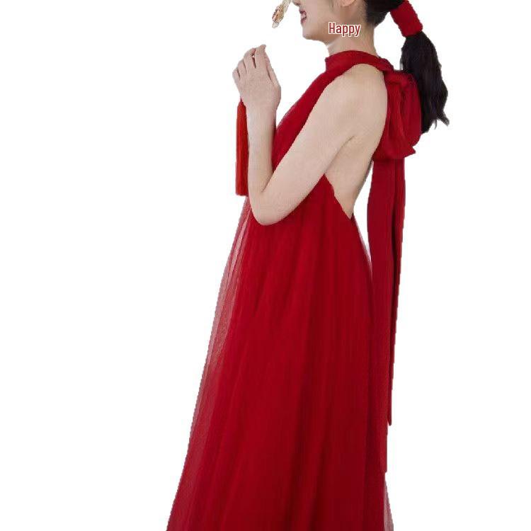 New Chinese-Style Red Backless Off-Shoulder Bridal Toast Dress with Festive Tulle