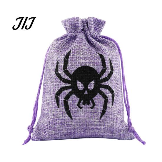 Cotton Linen Jewelry Bags Halloween Burlap Treat Bags, Pumpkin Ghost Bat Spider Witch Print Drawstring Gift Favors Candy Pouches for Cookies