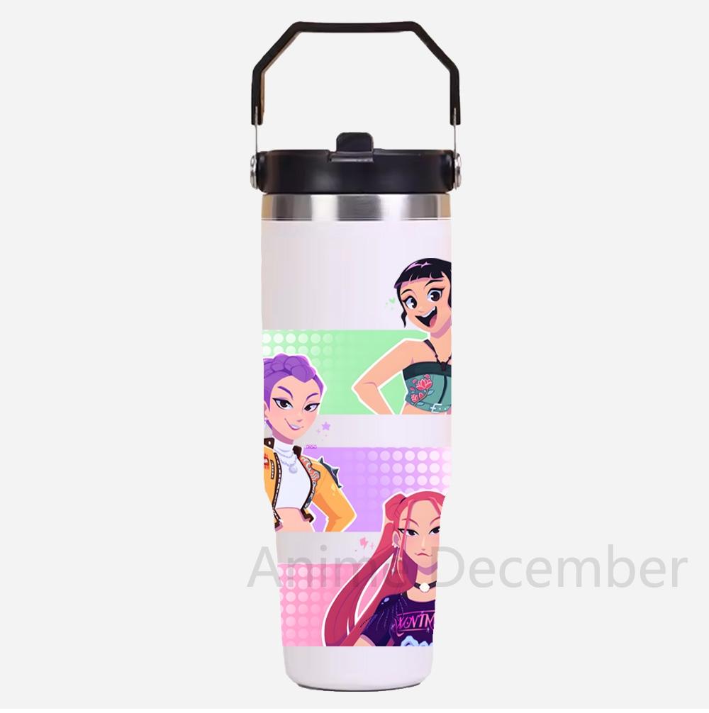 30Oz Anime K-Pop Large Capacity Portable Car Cup Stainless Steel Thermos Cup with Straw Handle Travel Sports Water Bottle Vacuum Flask