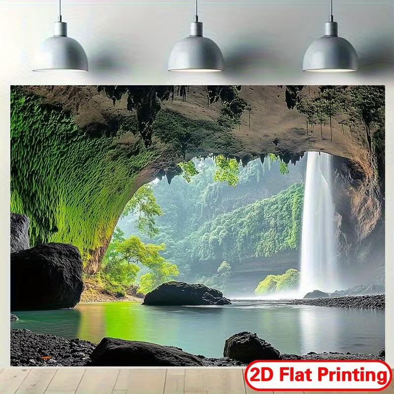 3D Cave Waterfall Nature Tapestry, Green Forest Lake Landscape Background Cloth, Modern Aesthetic Wall Decor