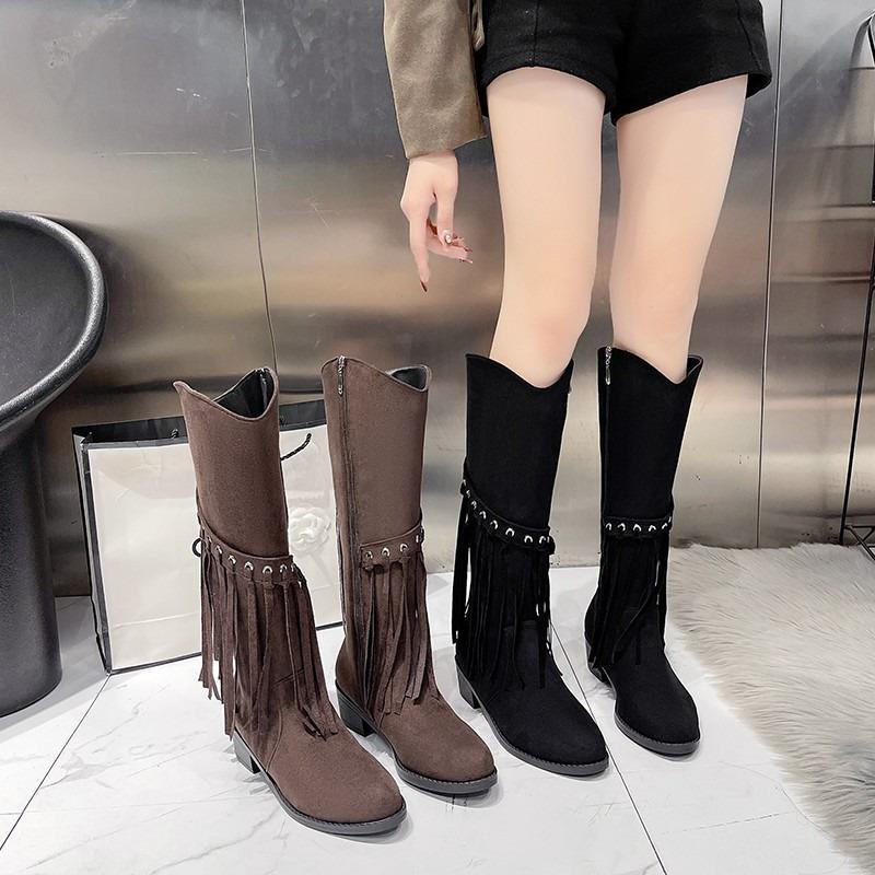 Fashion Sexy Long-thigh Boots 2025 New Pointed Toe Block Heel Maillard Fringe Mid-high Boots Children Spring and Autumn