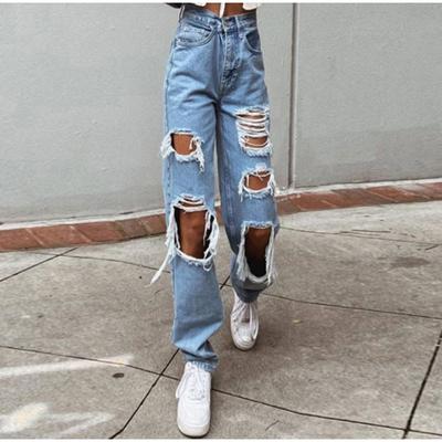 Zerrissene Vintage Damenjeans Distressed Streetwear Loch Hip Hop High Waist Hose Mode Gerade Denimhosen Sommerjeans