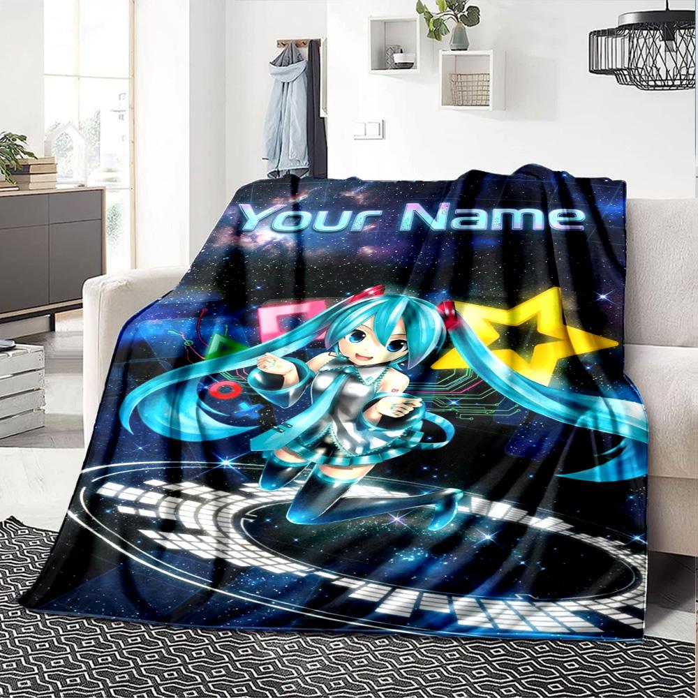 Name Custom Anime Miku Print Flannel Blanket High Quality Warm Comfortable Cover for All Seasons Perfect for Gifts Home Decor