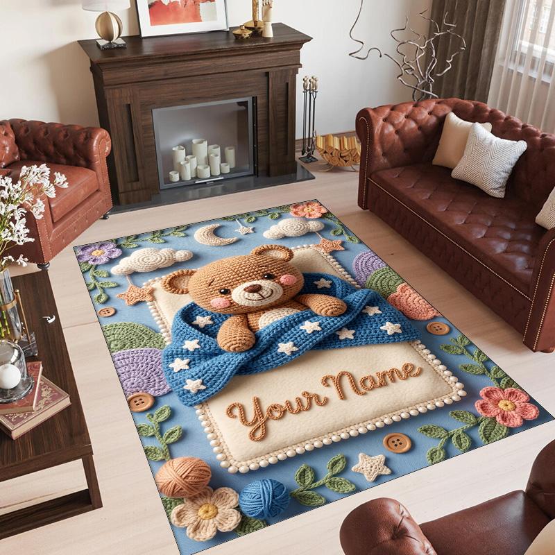Teddy Bear Theme Crystal Velvet Rug Personalized Custom Name Text Soft Floor Mat Home Decor